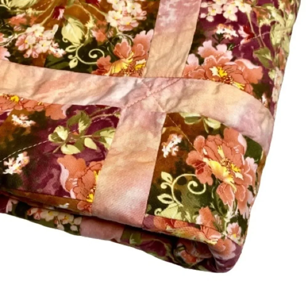 Handmade NWT floral lap quilt pink, burgundy and green size 52” X 41”